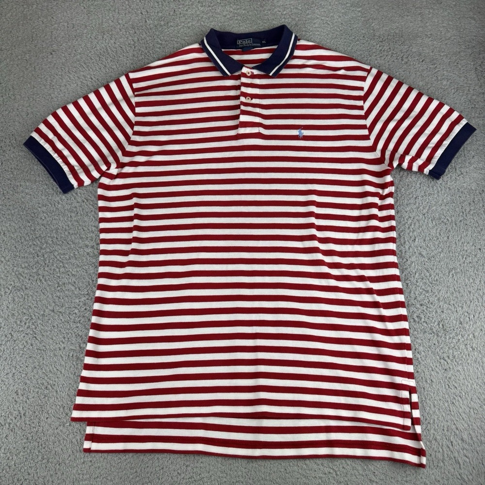 Polo Ralph Lauren Men's Xl Stripe Red White Polo Shirt Embroidered Pony Vtg‎